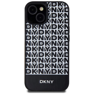 DKNY Leather Printed Design with Metal Logo Magsafe Rear Case Cover for Apple iPhone 15 - Black/White