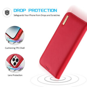 DUX DUCIS Genuine Real Leather Flip RFID Wallet Case for Apple iPhone 15 Pro Max - Red