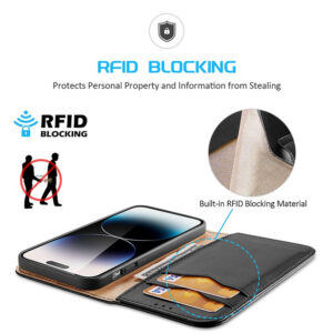 DUX DUCIS Genuine Real Leather Flip RFID Wallet Case for Apple iPhone 15 Pro Max - Black