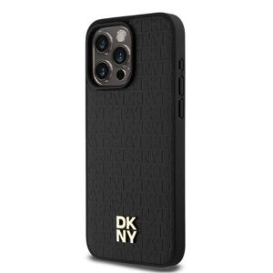 DKNY Leather Monochrome Design with Metal Logo Rear Magsafe Case Cover for iPhone 15 Pro Max - Black
