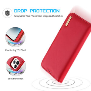 DUX DUCIS Genuine Leather Flip RFID Wallet Case for Apple iPhone 14 Pro - Red
