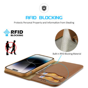 DUX DUCIS Genuine Leather Flip RFID Wallet Case for Apple iPhone 14 Pro - Brown