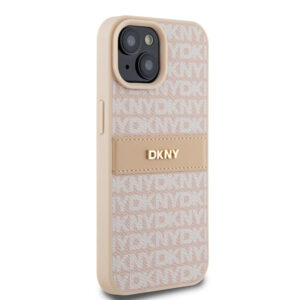 DKNY PU Leather Textured Tonal Stripe Magsafe Rear Case for iPhone 15 - Pink