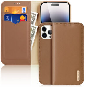 DUX DUCIS Genuine Leather Flip RFID Wallet Case for iPhone 14 Pro Max - Brown