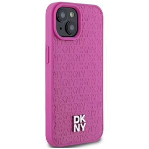 DKNY Leather Monochrome Design with Metal Logo Rear Magsafe Case Cover for iPhone 15 - Pink