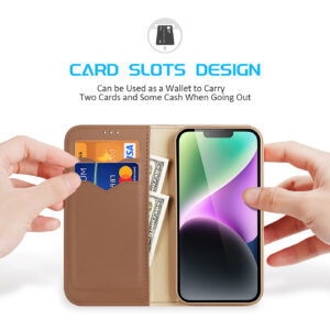 DUX DUCIS Genuine Leather Flip RFID Wallet Case for Apple iPhone 14 Plus - Brown
