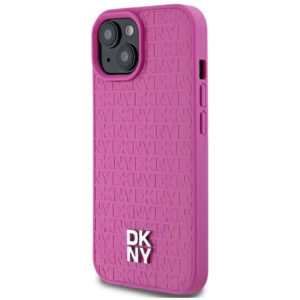 DKNY Leather Monochrome Design with Metal Logo Rear Magsafe Case Cover for iPhone 15 - Pink