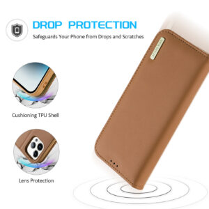 DUX DUCIS Genuine Leather Flip RFID Wallet Case for iPhone 14 Pro Max - Brown