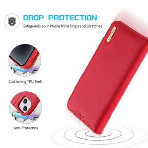 DUX DUCIS Genuine Real Leather Flip RFID Wallet Case for Apple iPhone 15 - Red