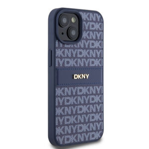 DKNY PU Leather Textured Tonal Stripe Magsafe Rear Case for iPhone 15 - Blue