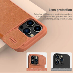 Nillkin Qin Pro Faux Leather Camera Lens Protector Case for Apple iPhone 15 Pro Max - Brown