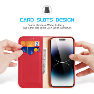 DUX DUCIS Genuine Real Leather Flip RFID Wallet Case for iPhone 14 Pro Max - Red