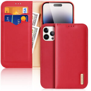 DUX DUCIS Genuine Real Leather Flip RFID Wallet Case for iPhone 14 Pro Max - Red