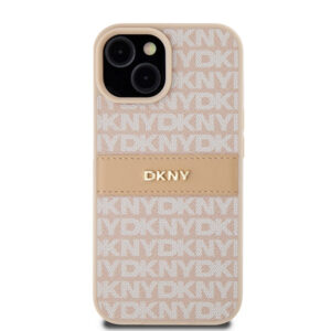 DKNY PU Leather Textured Tonal Stripe Magsafe Rear Case for iPhone 15 - Pink