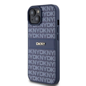 DKNY PU Leather Textured Tonal Stripe Magsafe Rear Case for iPhone 15 - Blue