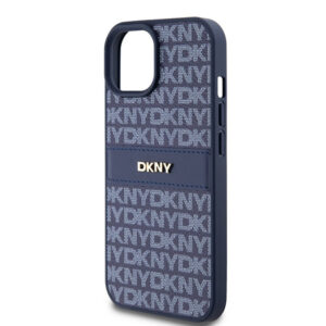 DKNY PU Leather Textured Tonal Stripe Magsafe Rear Case for iPhone 15 - Blue