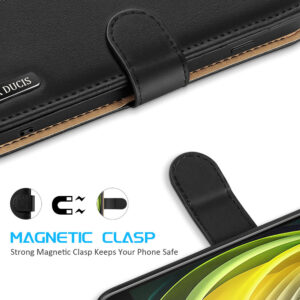 DUX DUCIS Real Leather Flip RFID Wallet Case for Apple iPhone SE 2022, SE 2020, 8, 7 - Black