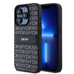 DKNY PU Leather Textured Tonal Stripe Rear Magsafe Case for iPhone 15 Pro Max - Black