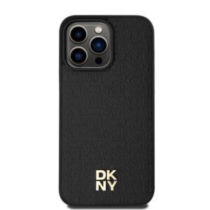DKNY Leather Monochrome Design with Metal Logo Rear Magsafe Case Cover for iPhone 15 Pro Max - Black