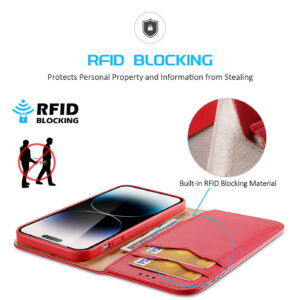 DUX DUCIS Genuine Real Leather Flip RFID Wallet Case for iPhone 14 Pro Max - Red