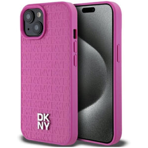 DKNY Leather Monochrome Design with Metal Logo Rear Magsafe Case Cover for iPhone 15 - Pink