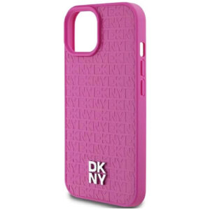 DKNY Leather Monochrome Design with Metal Logo Rear Magsafe Case Cover for iPhone 15 - Pink