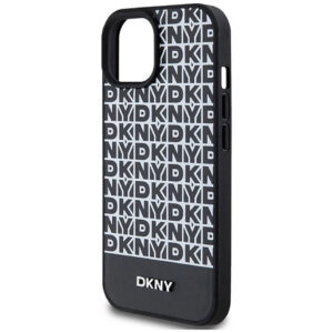 DKNY Leather Printed Design with Metal Logo Magsafe Rear Case Cover for Apple iPhone 15 - Black/White
