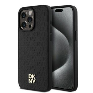 DKNY Leather Monochrome Design with Metal Logo Rear Magsafe Case Cover for iPhone 15 Pro Max - Black