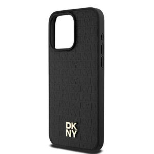 DKNY Leather Monochrome Design with Metal Logo Rear Magsafe Case Cover for iPhone 15 Pro Max - Black