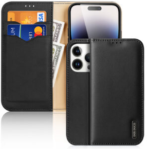 DUX DUCIS Genuine Leather Flip RFID Wallet Case for Apple iPhone 14 Pro - Black