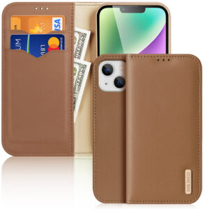 DUX DUCIS Genuine Leather Flip RFID Wallet Case for Apple iPhone 14 Plus - Brown