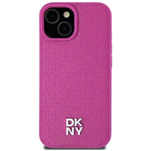 DKNY Leather Monochrome Design with Metal Logo Rear Magsafe Case Cover for iPhone 15 - Pink