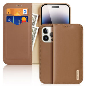 DUX DUCIS Genuine Real Leather Flip RFID Wallet Case for Apple iPhone 15 Pro Max - Brown